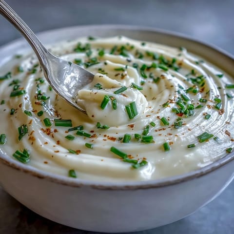 Creamy Celery Root Bisque is served in a white bowl, garnished with fresh chives and a drizzle of cream for a velvety finish.