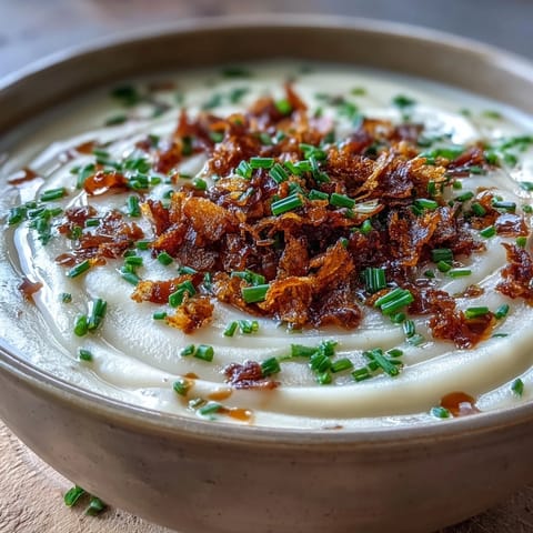 Creamy Celeriac Soup with Crispy Bacon in a rustic bowl topped with fresh chives and bacon crumbles