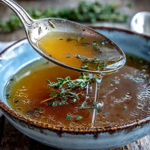 Steam rises from a pot of simmering Vegetable Broth From Scraps, with aromatic herbs floating on top.