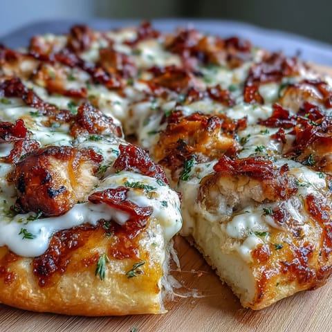 Freshly baked Marry Me Chicken Pizza shows a crispy golden crust, creamy white sauce, and melted mozzarella cheese.