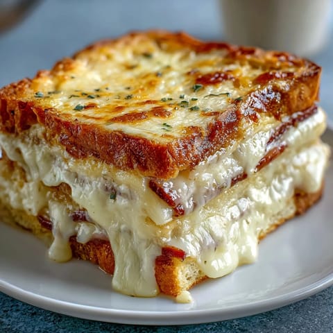 Golden-brown Croque Monsieur Casserole bubbling with melted Gruyère and creamy béchamel sauce. 