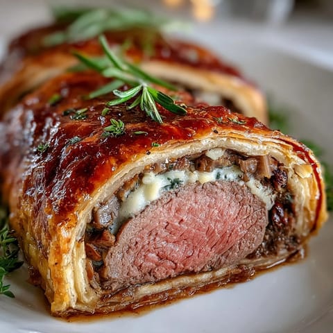 Golden, flaky Beef Wellington slices reveal juicy tenderloin and rich mushroom duxelles.