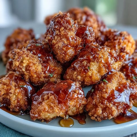 Golden-brown Crunchy Baked Hot Honey Cauliflower florets are drizzled with spicy glaze on a serving platter.