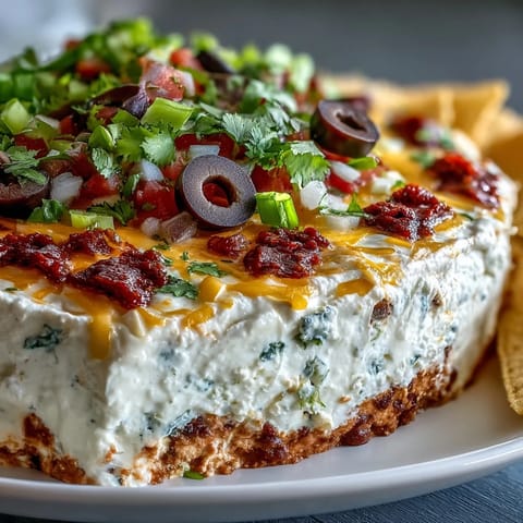 Four-layered dip with beans, creamy cheese, fresh salsa, and cheddar, olives, and peppers, served with tortilla chips. 
