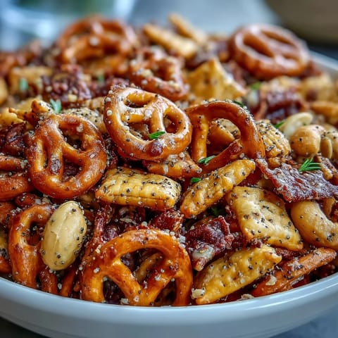 A close-up of Everything Ranch Cheese and Pretzel Snack Mix in a white bowl, ready for game day snacking or parties.