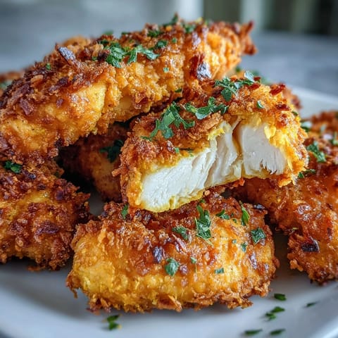 Crispy Turmeric Chicken Tenders with golden breading, served on a plate with a creamy dip.