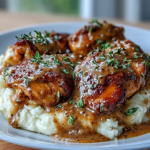 Slow Cooker Honey Mustard Chicken breasts swimming in a glossy, velvety sauce, perfect over creamy mashed potatoes.