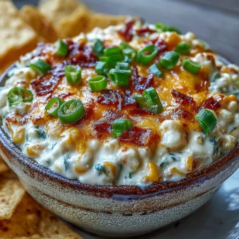 Hot Crack Corn Dip in a ceramic bowl, creamy cheddar and cream cheese melted with sweet corn and green onions, served with tortilla chips.
