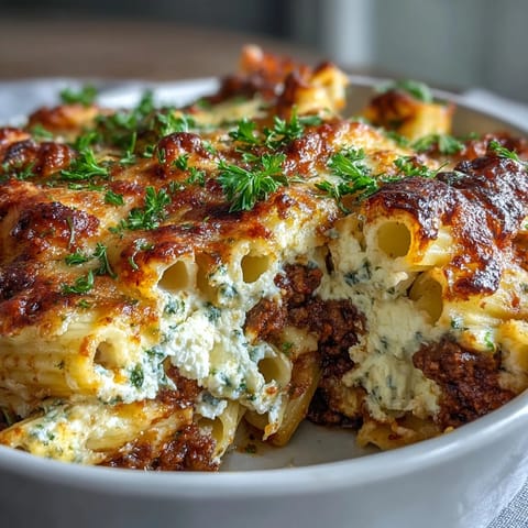 Close-up of a golden, bubbling Cottage Cheese Protein Pasta Bake with Ground Beef, fresh basil garnish on top.