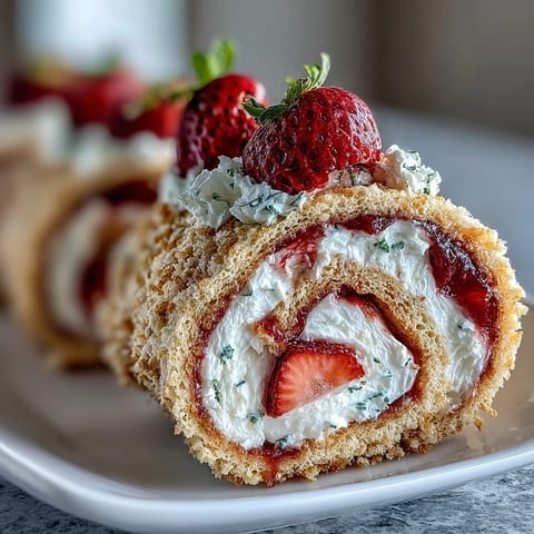 Whimsical Strawberry Shortcake Sushi Roll with drizzled white chocolate and mint, served on a platter ready for dessert.
