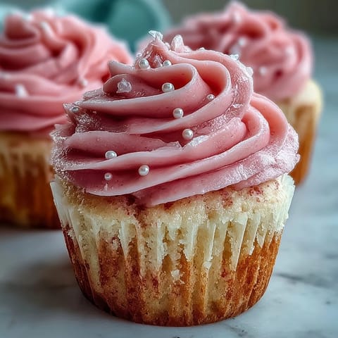 A close-up of a Pink Velvet Cupcakes with Vanilla Buttercream Frosting showcases its tender crumb and fluffy frosting.