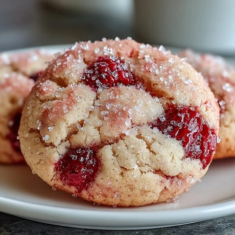A close-up of Soft Chewy Raspberry Sugar Cookies reveals a tender, chewy texture studded with vibrant whole raspberries on a rustic wooden board.