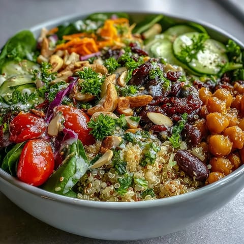 Freshly prepared Rainbow Salad Bowl brimming with quinoa, chickpeas, and crisp, colorful vegetables tossed in a bright lemon dressing.