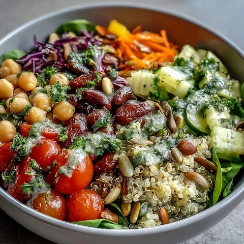 A wholesome Rainbow Salad Bowl topped with crunchy pumpkin seeds and cashews, ready for a healthy lunch or dinner.