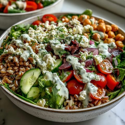 Vibrant Mediterranean Farro Bowl filled with roasted vegetables, chickpeas, and creamy tahini dressing served in a ceramic bowl.