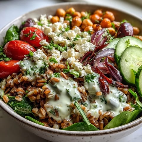 Close-up shot of a Mediterranean Farro Bowl featuring feta crumbles, Kalamata olives, and fresh parsley garnish.