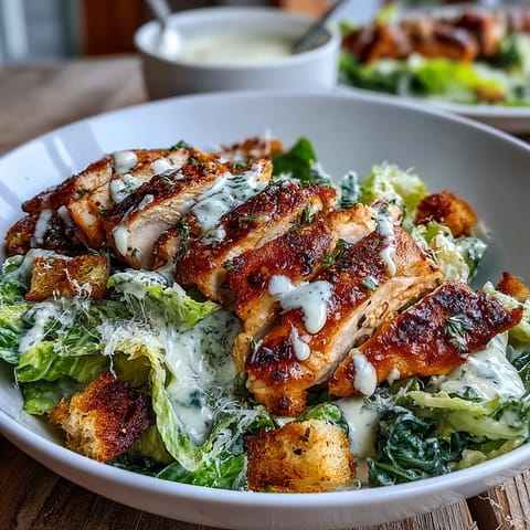 A freshly prepared Caesar Chicken Bowl topped with creamy dressing, grated parmesan, and golden croutons on romaine.
