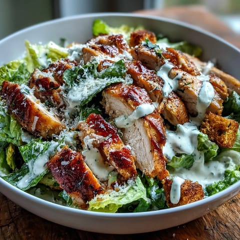 Grilled Caesar Chicken Bowl in a white bowl with sliced chicken over crisp romaine, parmesan, and crunchy croutons.