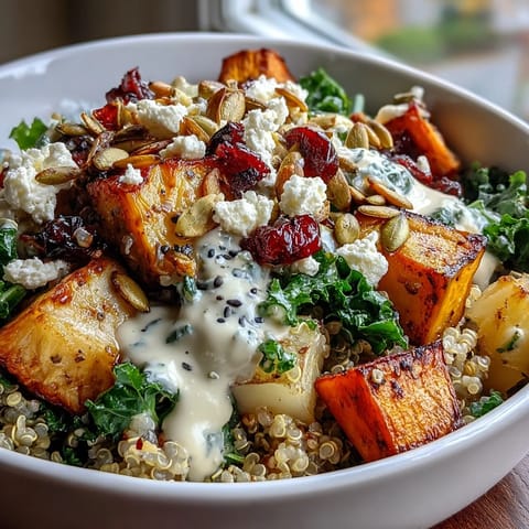 Steaming Hearty Winter Grain Bowl with roasted root vegetables, fresh kale, and a creamy tahini dressing.