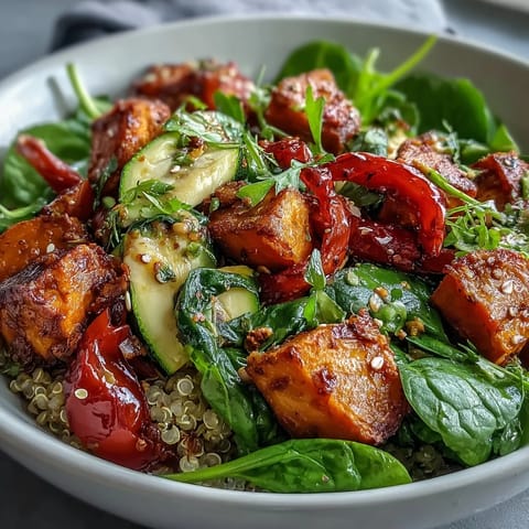 Roasted sweet potatoes and bell peppers rest on quinoa and spinach in a warm salad bowl, drizzled with a savory warm vinaigrette.