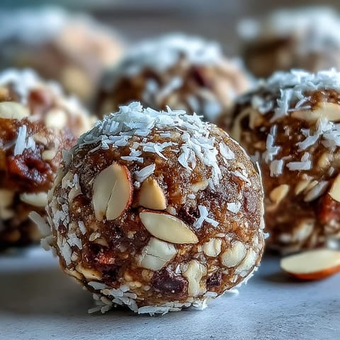Twelve Hojicha Energy Balls rolled in shredded coconut rest on a parchment-lined tray, showcasing a deep, roasted brown hue from the hojicha powder.