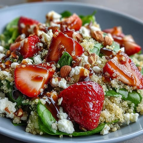 Fresh strawberry feta quinoa salad with creamy cheese and juicy berries in a tangy balsamic dressing, perfect for spring lunches or picnics.