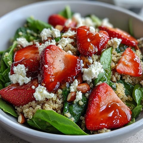 Colorful quinoa salad featuring sweet strawberries, tangy feta, and fresh spinach, tossed with balsamic vinaigrette for a healthy vegetarian meal.