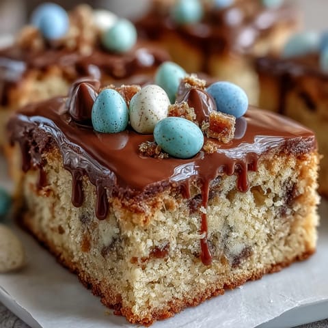 Cadbury Egg Blondies with White Chocolate Drizzle: chewy, golden bars filled with Cadbury Mini Eggs and topped with a glossy white chocolate drizzle.