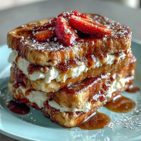 Strawberry French toast bake with golden crust, fresh berries, and creamy custard in a warm brunch casserole.