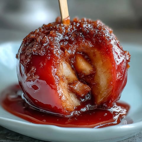 Mini Candy Apple Bites on Toothpick Skewers: glossy red candy-coated apple chunks, perfect for festive snacking or party trays.