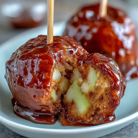 Mini Candy Apple Bites on Toothpick Skewers: crisp apple pieces dipped in sweet red candy coating, ideal for holiday dessert platters.