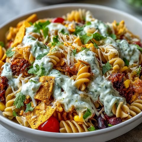 Taco Pasta Salad with Doritos and Avocado Ranch, bursting with vibrant veggies and creamy dressing, topped with crunchy chips.  