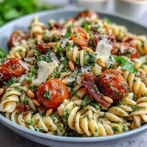 Summer pasta salad with pesto and cherry tomatoes, vibrant and refreshing, perfect for picnics and light lunches.  