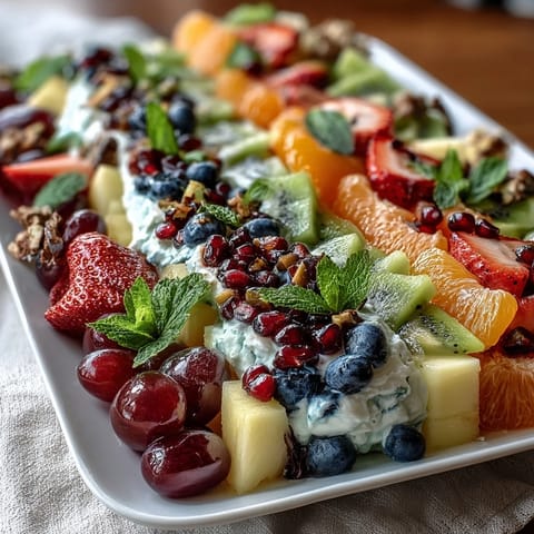 A vibrant rainbow fruit table with coconut whipped cream, perfect for festive brunches and healthy dessert spreads.  