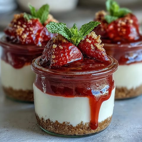 No-Bake Strawberry Cheesecake Jars filled with creamy layers and fresh strawberry compote in glass jars.