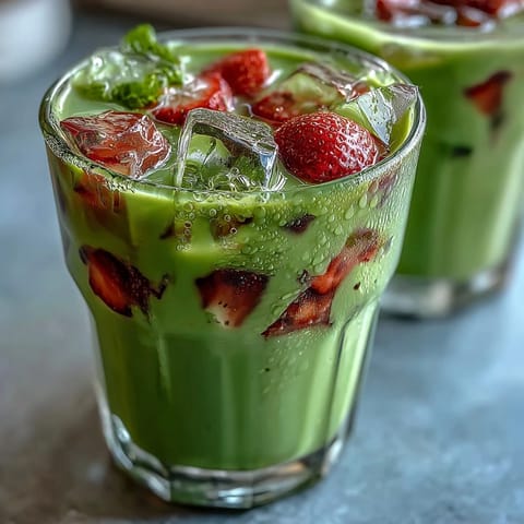 Strawberry Matcha Latte with Oat Milk: vibrant layers of sweet strawberry puree, earthy matcha, and creamy oat milk in a chilled glass.