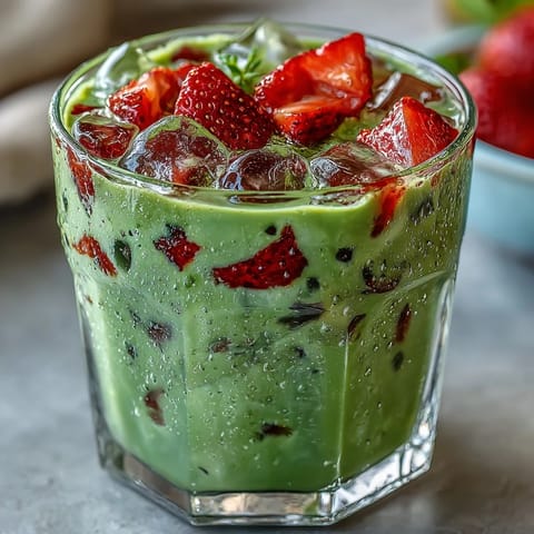 Oat milk Strawberry Matcha Latte: refreshing vegan drink with bright red strawberry base, smooth green matcha layer, and icy milk swirl.