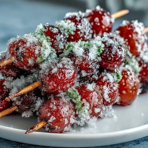 Frozen grapes on skewers with tangy lime sugar, perfect for a refreshing summer treat.