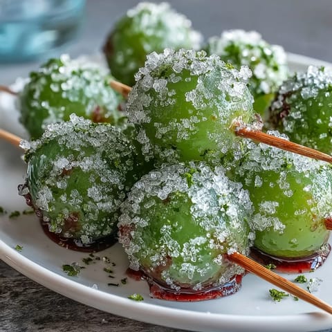 Zesty lime sugar coating juicy frozen grapes on wooden skewers, ideal for hot days.