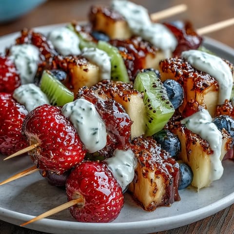 Close-up of Rainbow Fruit Skewers with Honey Dip, bursting with juicy colors.