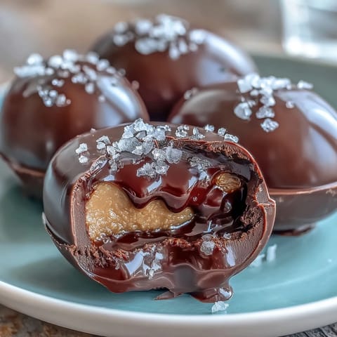 Rich peanut butter eggs coated in silky dark chocolate, finished with a sprinkle of sea salt for a perfect sweet-salty bite.