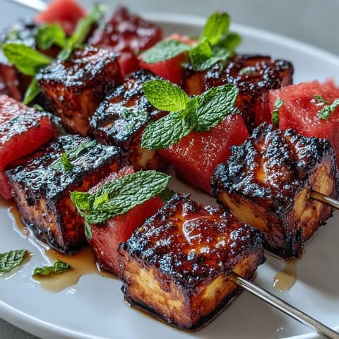 Juicy watermelon and savory halloumi skewers, hot off the grill, topped with mint.
