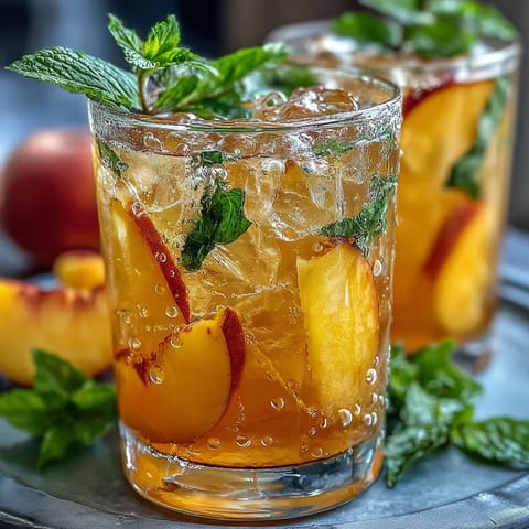 Vibrant Iced Peach Green Tea Lemonade, a tall glass brimming with refreshing fruity and citrus flavors.