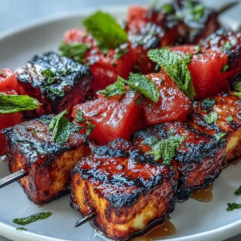Grilled Halloumi Skewers with Watermelon and Mint, showing golden cheese and fresh fruit.