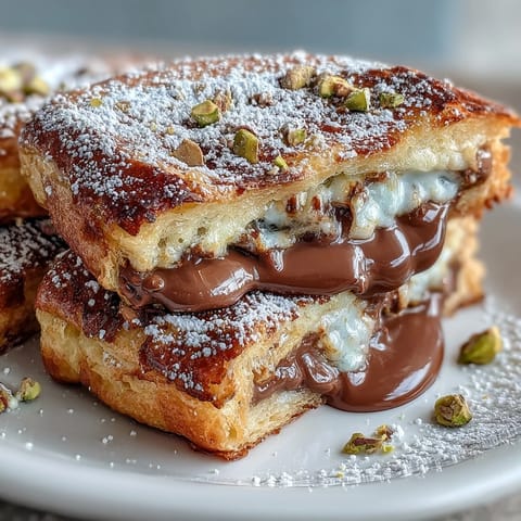Golden Dubai Chocolate Pistachio Croissant French Toast with melted chocolate.