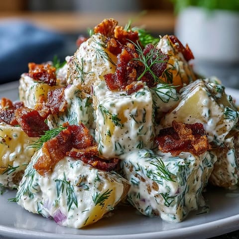 Golden potatoes, bacon bits, and dill shine in this festive Memorial Day potato salad.