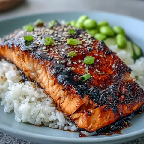 A vibrant salmon teriyaki bowl featuring tender glazed fish, fluffy rice, crisp cucumber, and bright green edamame.