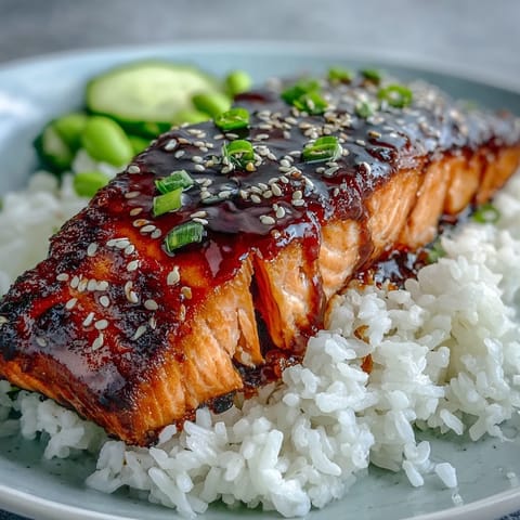 Glazed teriyaki salmon over steamed rice with fresh edamame and cucumber slices for a balanced, flavorful bowl.