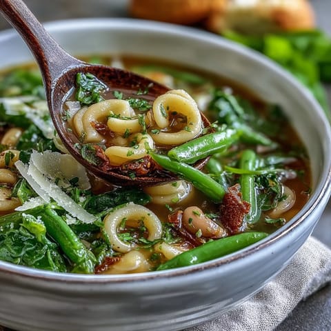 Spring Minestrone soup with fresh vegetables and pasta in a savory broth, garnished with Parmesan and basil.