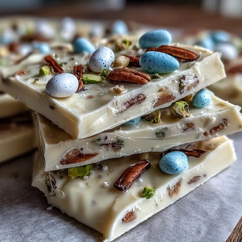 A vibrant white chocolate Easter bark studded with pastel candy eggs and crunchy pistachios, perfect for festive spring gatherings.